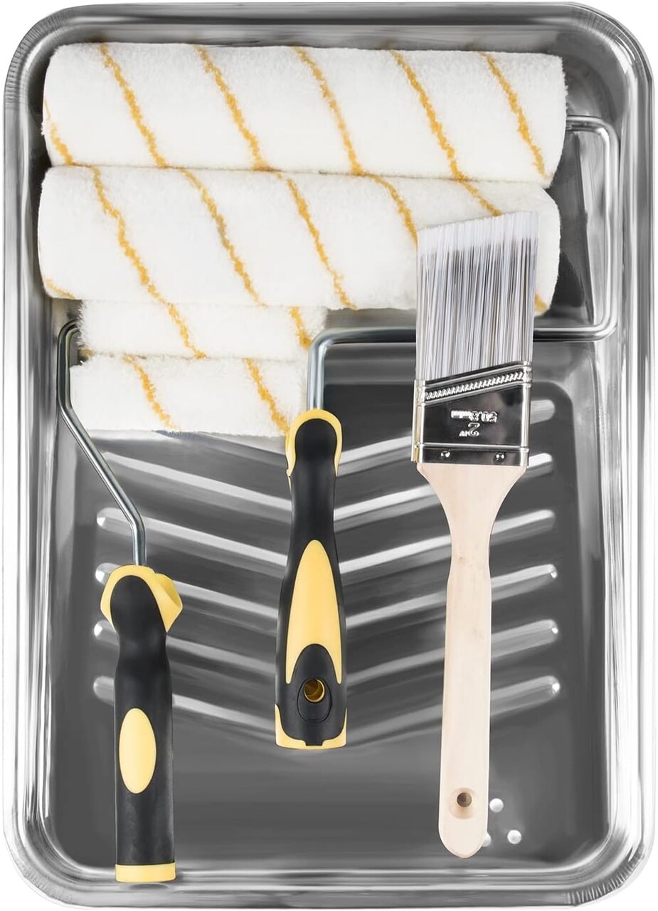 Paint Roller Kit, 9 Pieces Paint Supplies for House Painting, with Metal Paint Tray&9 inch+4 inch Paint Rollers&Cover&Frame&Brush